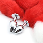 Extra Long Faux Fur Tail with Metal Anal Plug - Playful Cosplay & Adult Novelty Accessory(White and red-large)